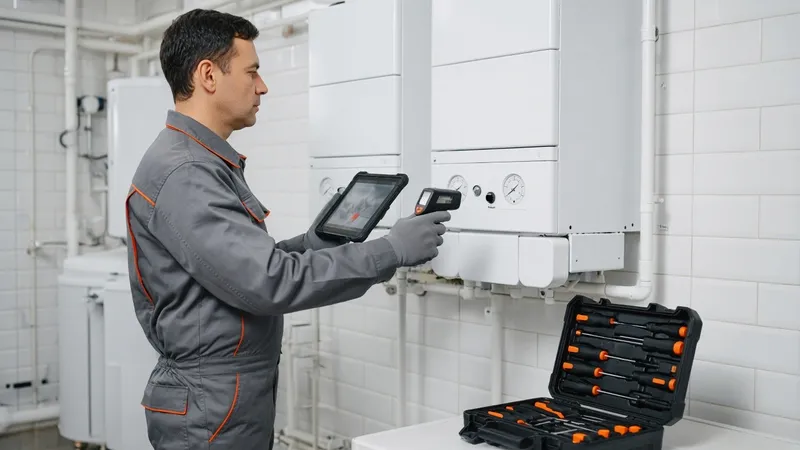 Technik v kotolni s infračerveným teplomerom a tabletom kontroluje sústavu nástenných kotlov.