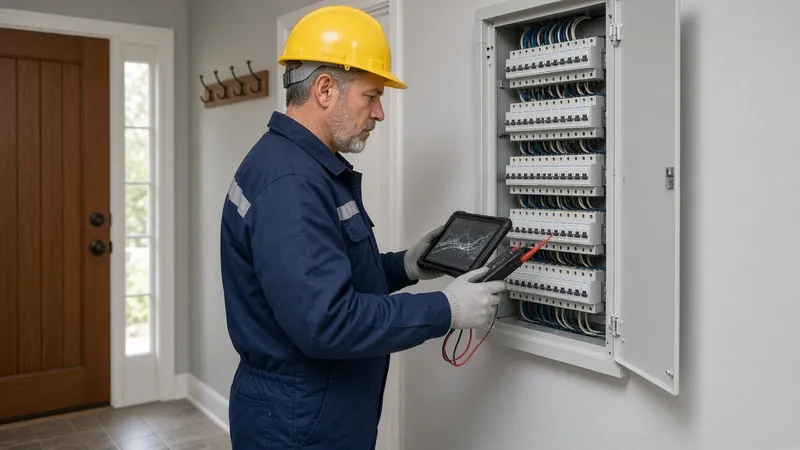 Technik s izolovaným meracím prístrojom a tabletom kontroluje otvorený elektrický rozvádzač v chodbe rodinného domu pri vstupných dverách.