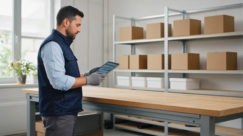 Technik vo veste prechádza s tabletom dielňu malej firmy s pracovným stolom a regálmi.
