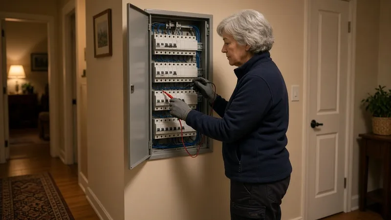 Revízna technička v rukaviciach kontroluje meracími hrotmi otvorený elektrický rozvádzač v chodbe rodinného domu.